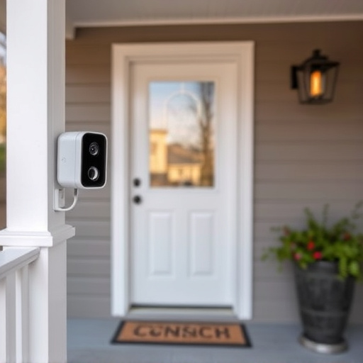 smart video doorbell on suburban porch
