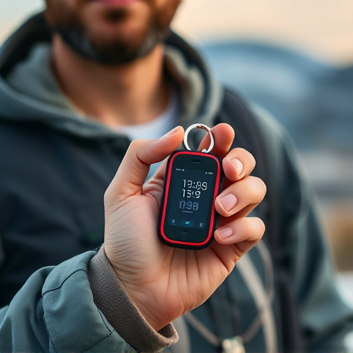 solo traveler holding a smart keychain alarm