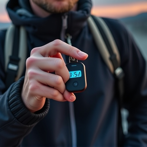 solo traveler holding a smart keychain alarm