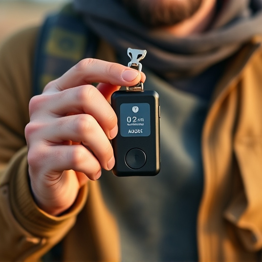 solo traveler holding a smart keychain alarm