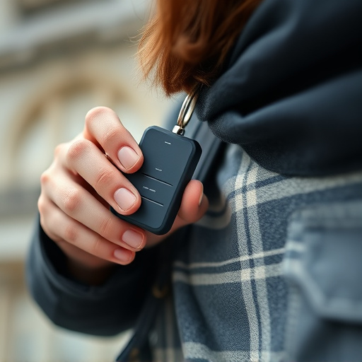 solo traveler holding a smart keychain alarm