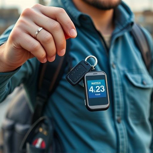 solo traveler holding a smart keychain alarm