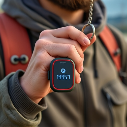 solo traveler holding a smart keychain alarm