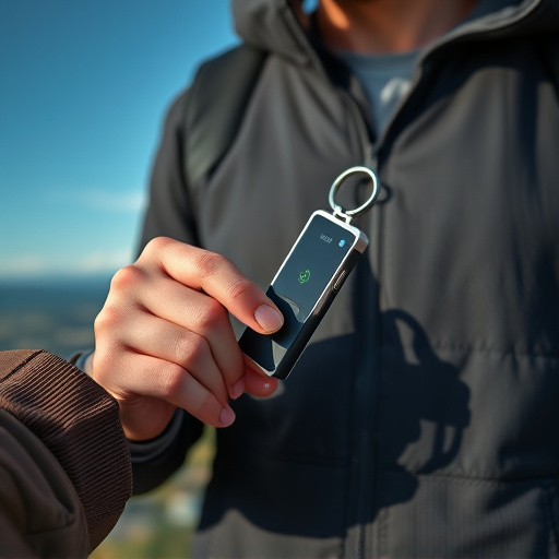 solo traveler holding a smart keychain alarm