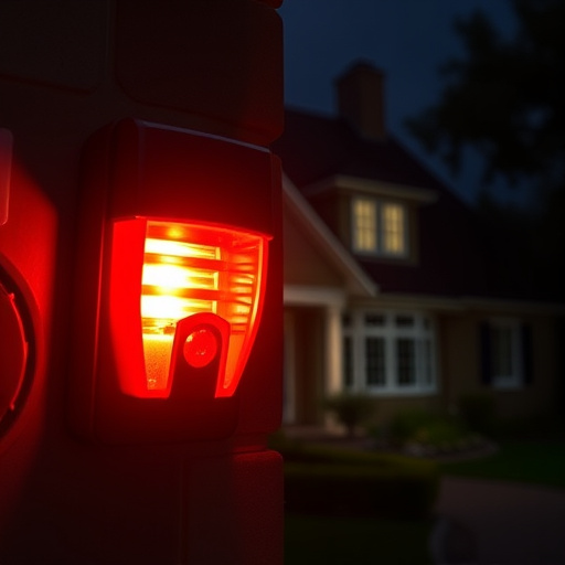flashing red home security alert light at night