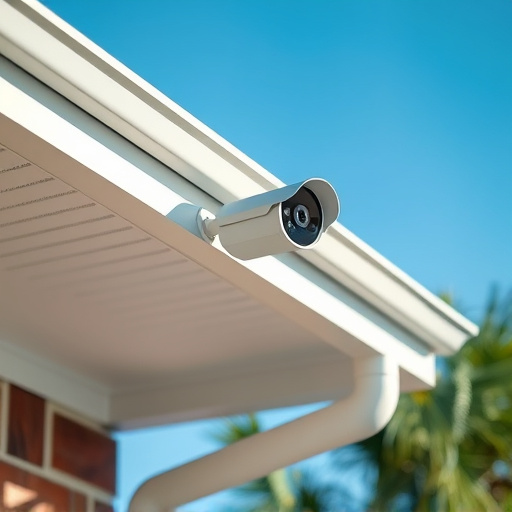 motion-activated surveillance camera under roof eaves