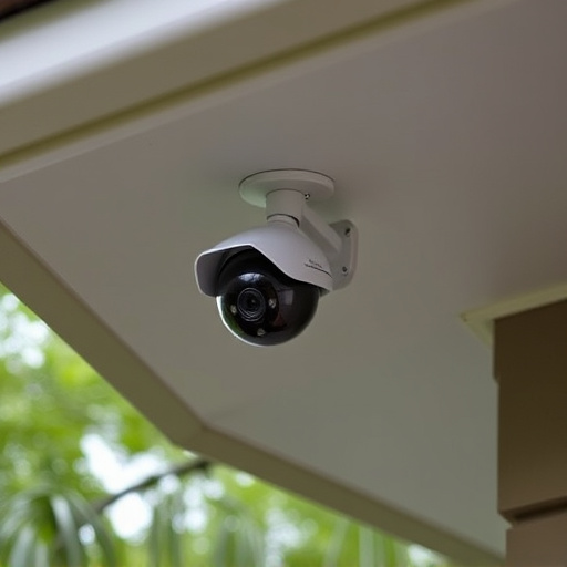 motion-activated surveillance camera under roof eaves