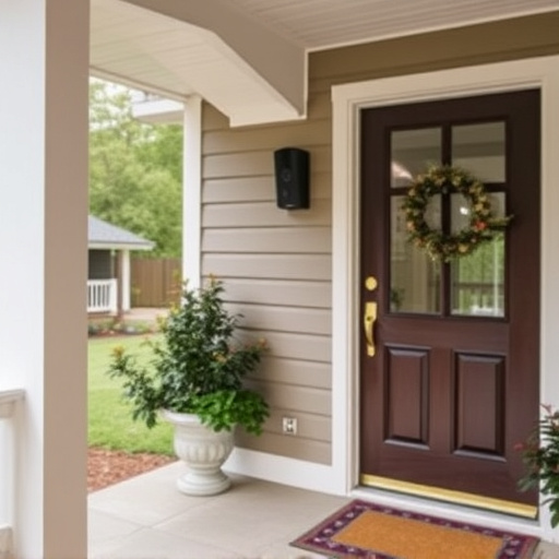smart video doorbell on suburban porch