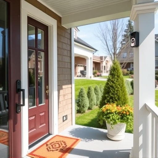 smart video doorbell on suburban porch