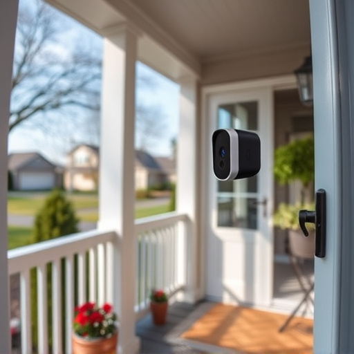 smart video doorbell on suburban porch