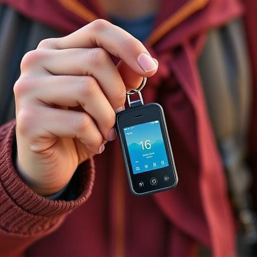 solo traveler holding a smart keychain alarm