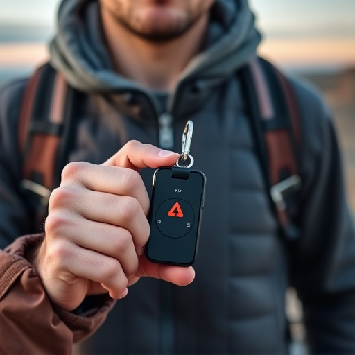 solo traveler holding a smart keychain alarm