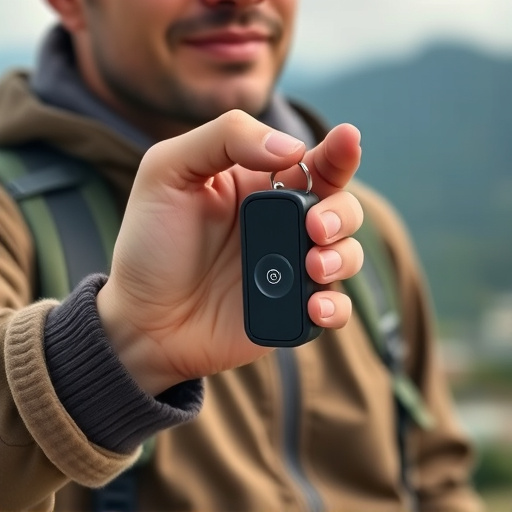 solo traveler holding a smart keychain alarm