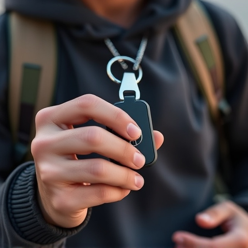 solo traveler holding a smart keychain alarm