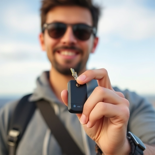 solo traveler holding a smart keychain alarm