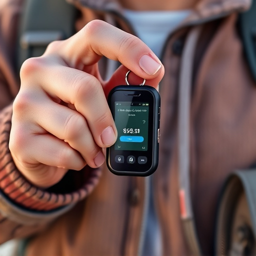 solo traveler holding a smart keychain alarm
