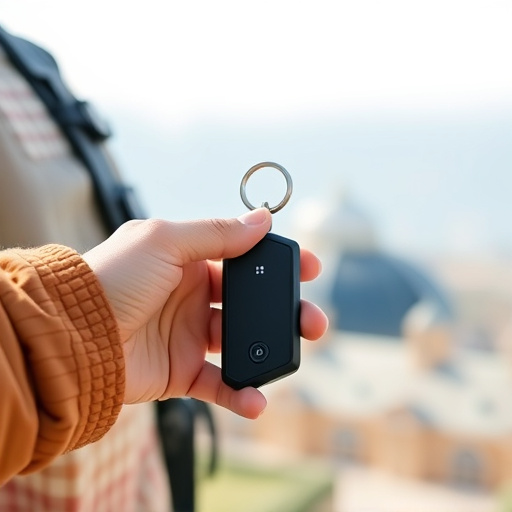 solo traveler holding a smart keychain alarm