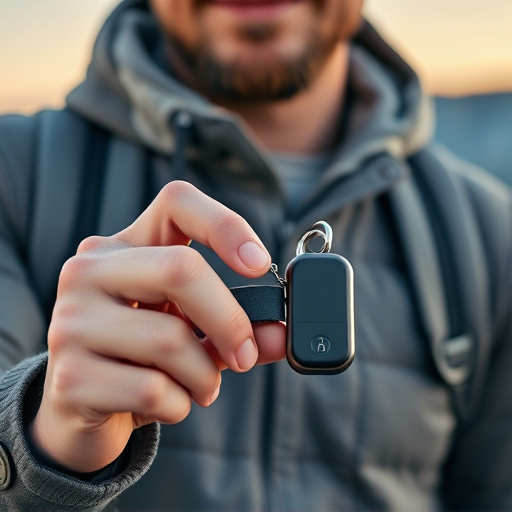 solo traveler holding a smart keychain alarm