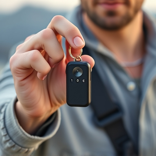 solo traveler holding a smart keychain alarm