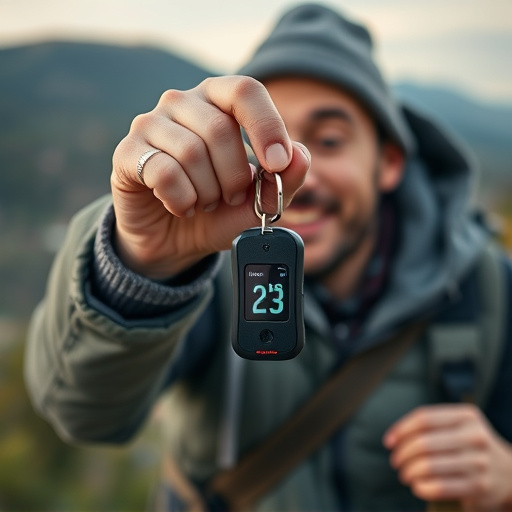 solo traveler holding a smart keychain alarm