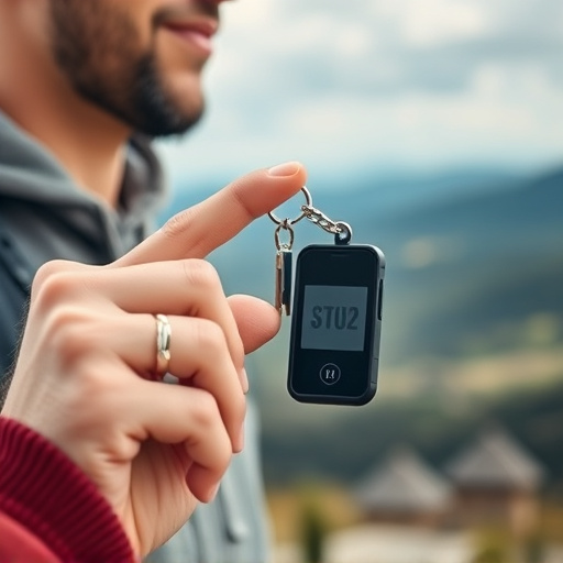 solo traveler holding a smart keychain alarm