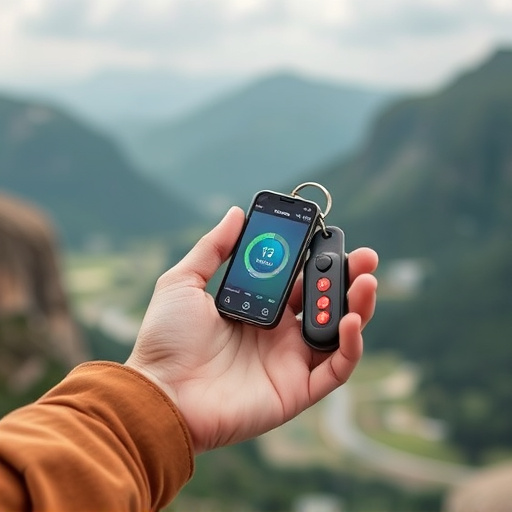 solo traveler holding a smart keychain alarm