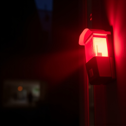 flashing red home security alert light at night