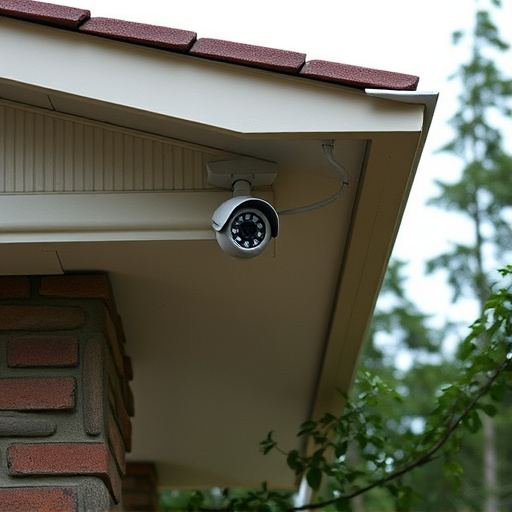 motion-activated surveillance camera under roof eaves