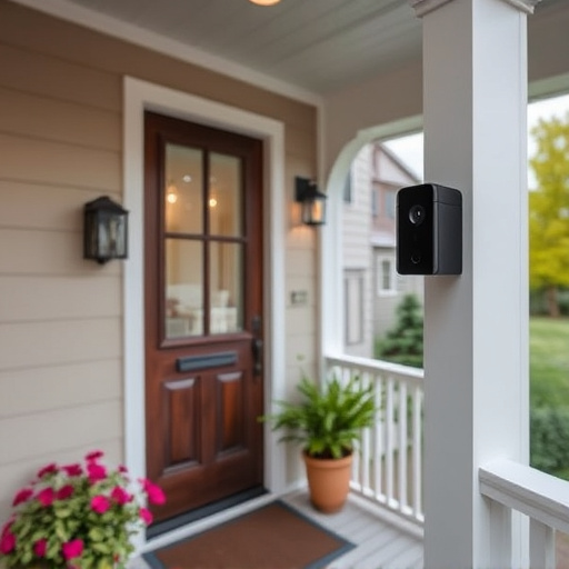 smart video doorbell on suburban porch
