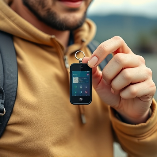 solo traveler holding a smart keychain alarm