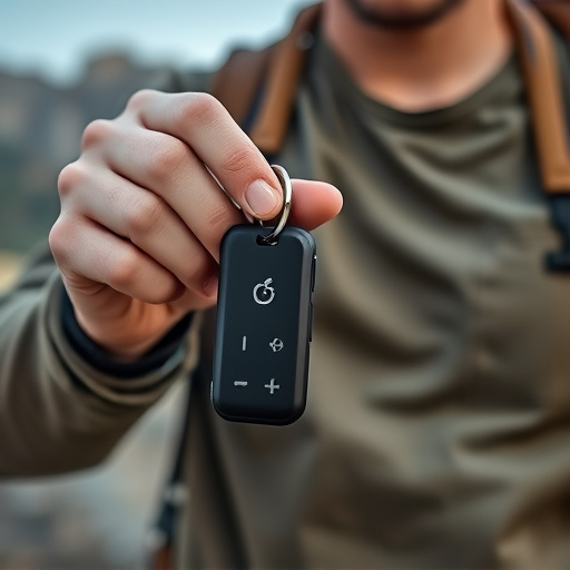 solo traveler holding a smart keychain alarm