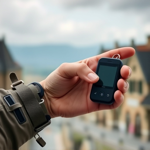 solo traveler holding a smart keychain alarm