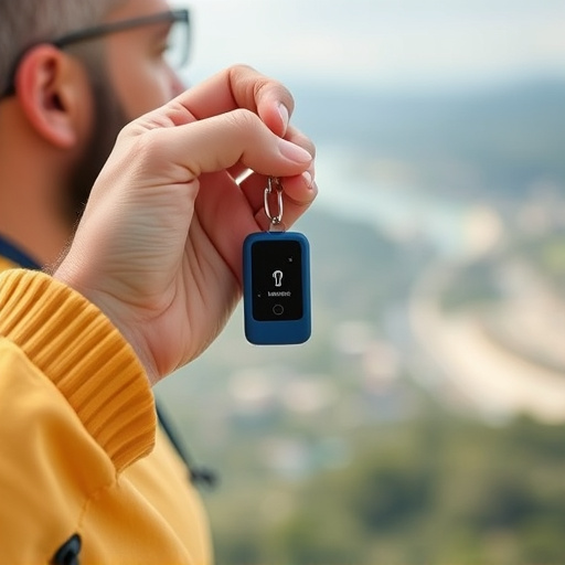 solo traveler holding a smart keychain alarm