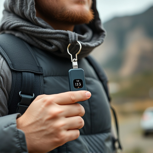 solo traveler holding a smart keychain alarm