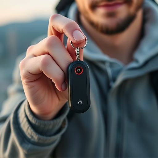 solo traveler holding a smart keychain alarm