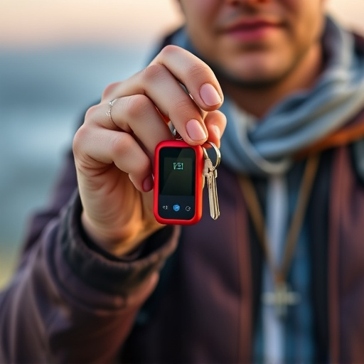 solo traveler holding a smart keychain alarm