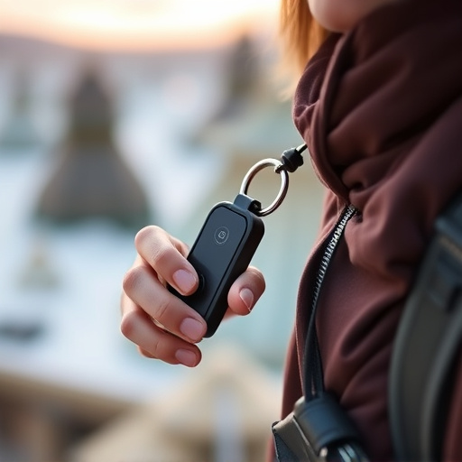 solo traveler holding a smart keychain alarm