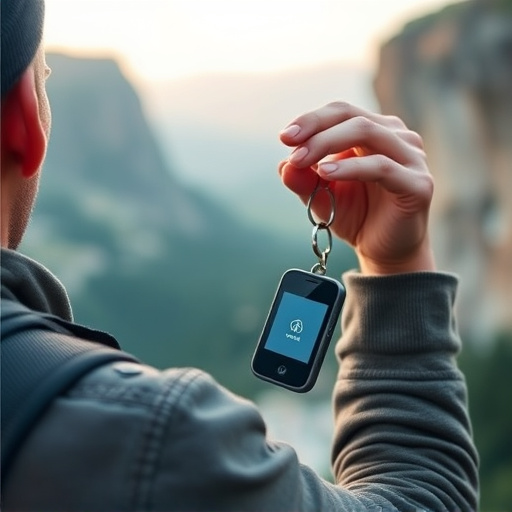 solo traveler holding a smart keychain alarm