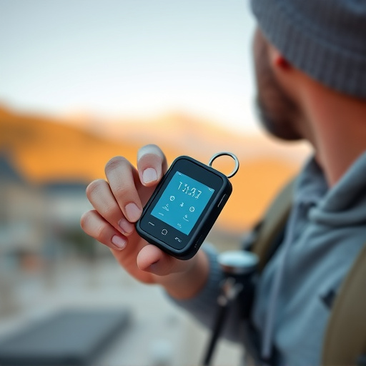 solo traveler holding a smart keychain alarm