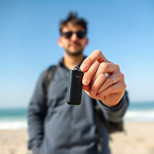 solo traveler holding a smart keychain alarm