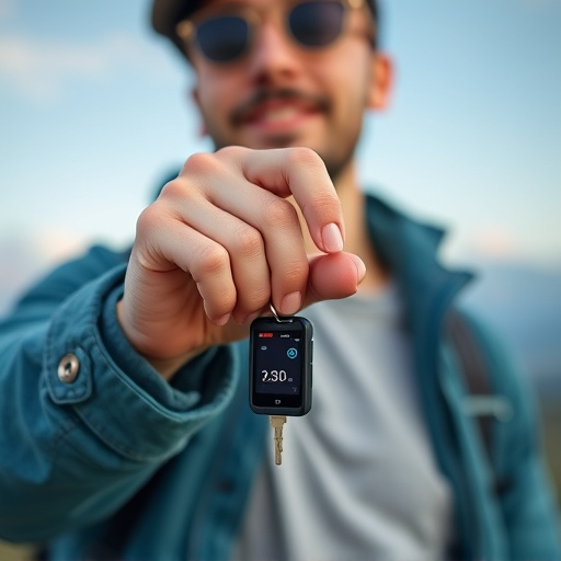 solo traveler holding a smart keychain alarm
