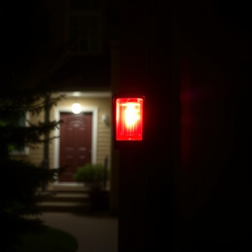 flashing red home security alert light at night