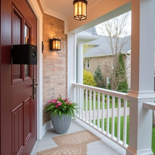 smart video doorbell on suburban porch