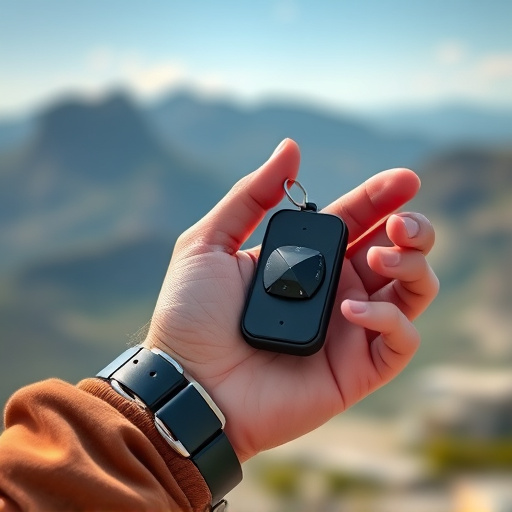 solo traveler holding a smart keychain alarm