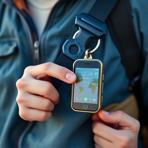solo traveler holding a smart keychain alarm