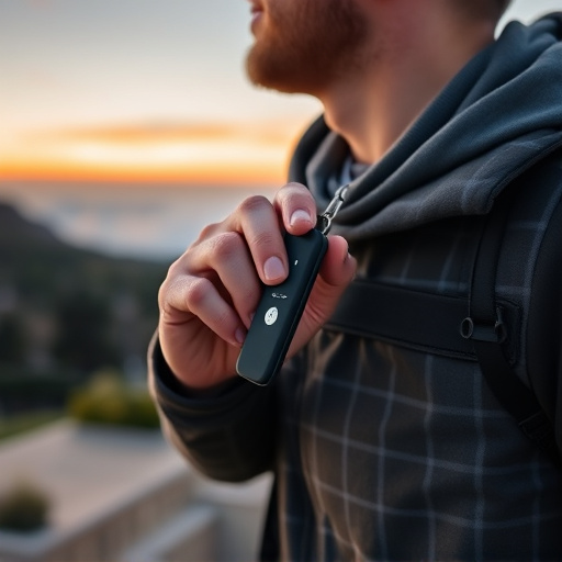 solo traveler holding a smart keychain alarm