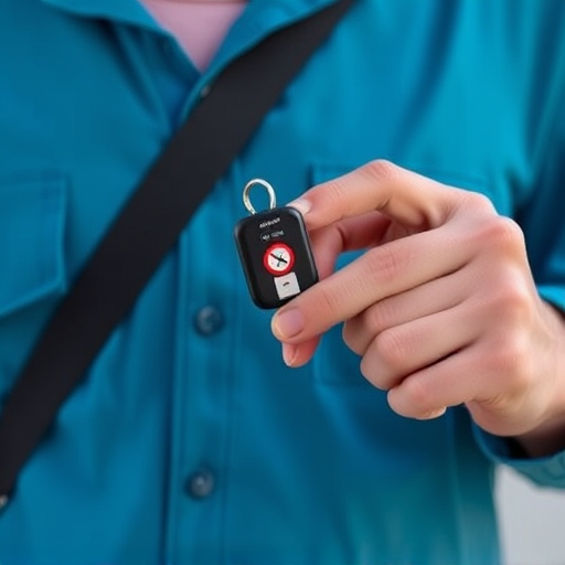 solo traveler holding a smart keychain alarm